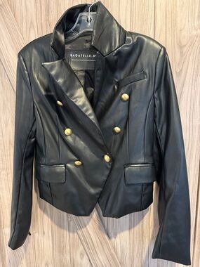 bagatelle Black Faux Leather Double-Breasted Blazer with Gold Buttons